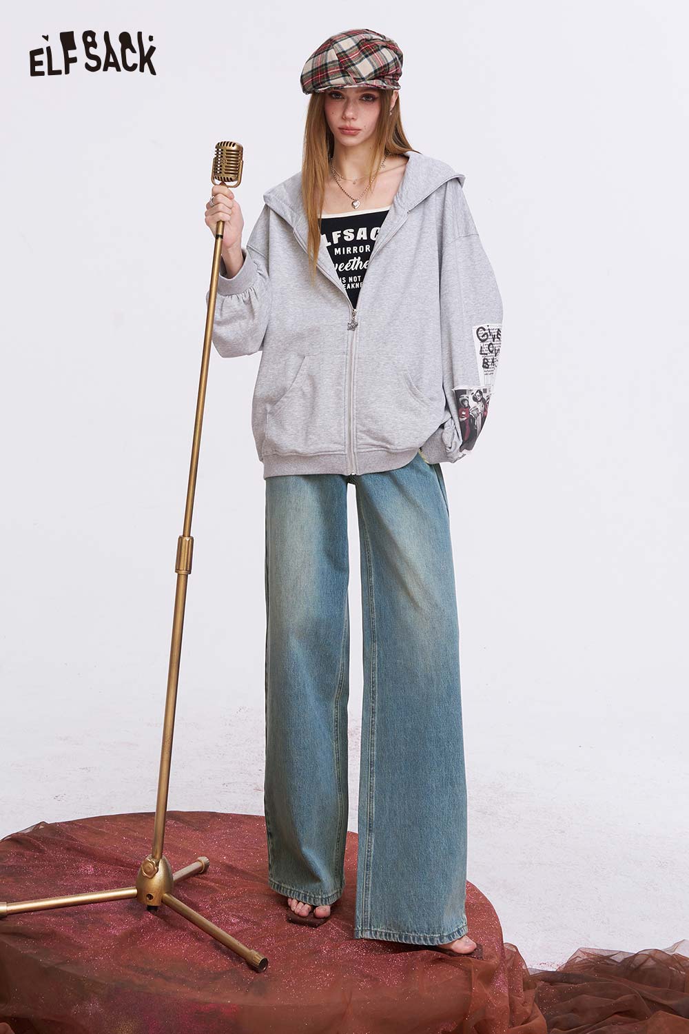 ELFSACK Vintage Wide Leg Jeans with Star Patchwork