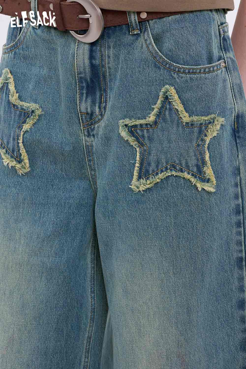 ELFSACK Vintage Wide Leg Jeans with Star Patchwork