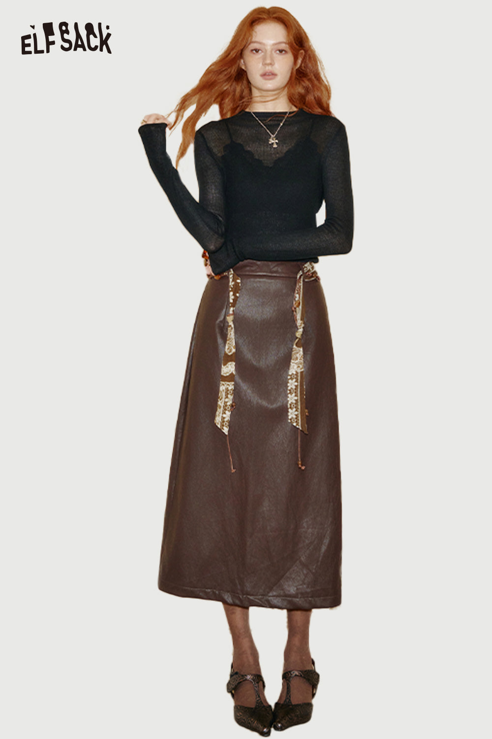 ELFSACK viscose blend knit top for women paired with a stylish brown skirt, perfect for casual or chic looks