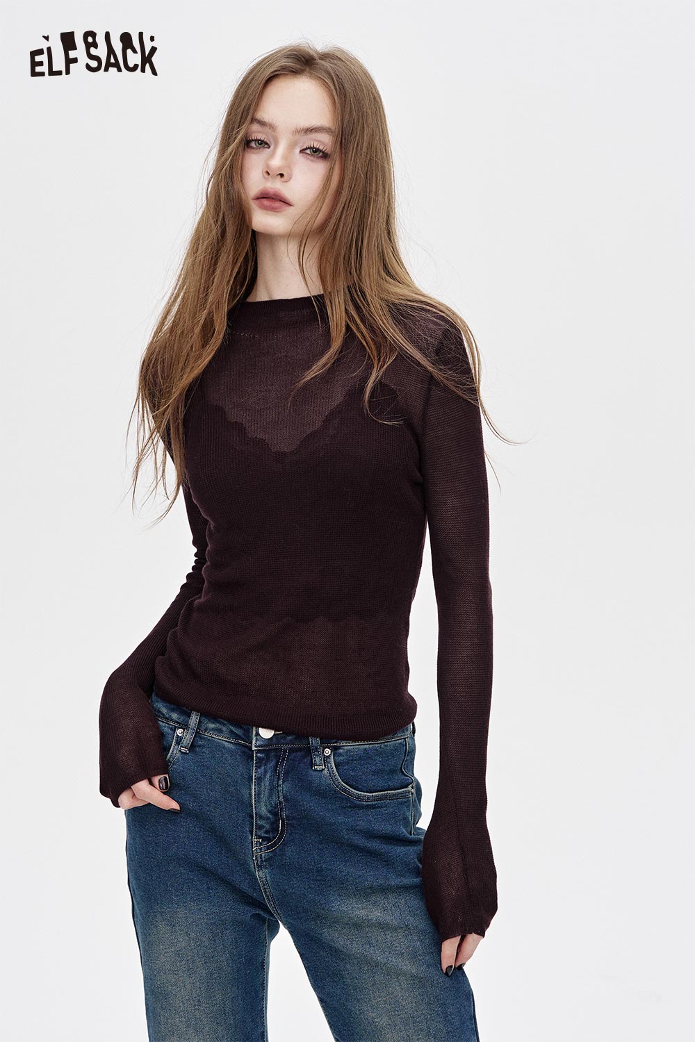 ELFSACK viscose blend knit top for women featuring long sleeves and a stylish fit