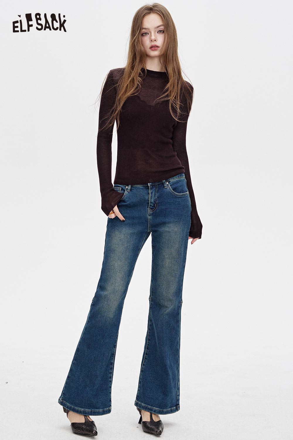 ELFSACK women's viscose blend knit top for women paired with flared jeans in a stylish look