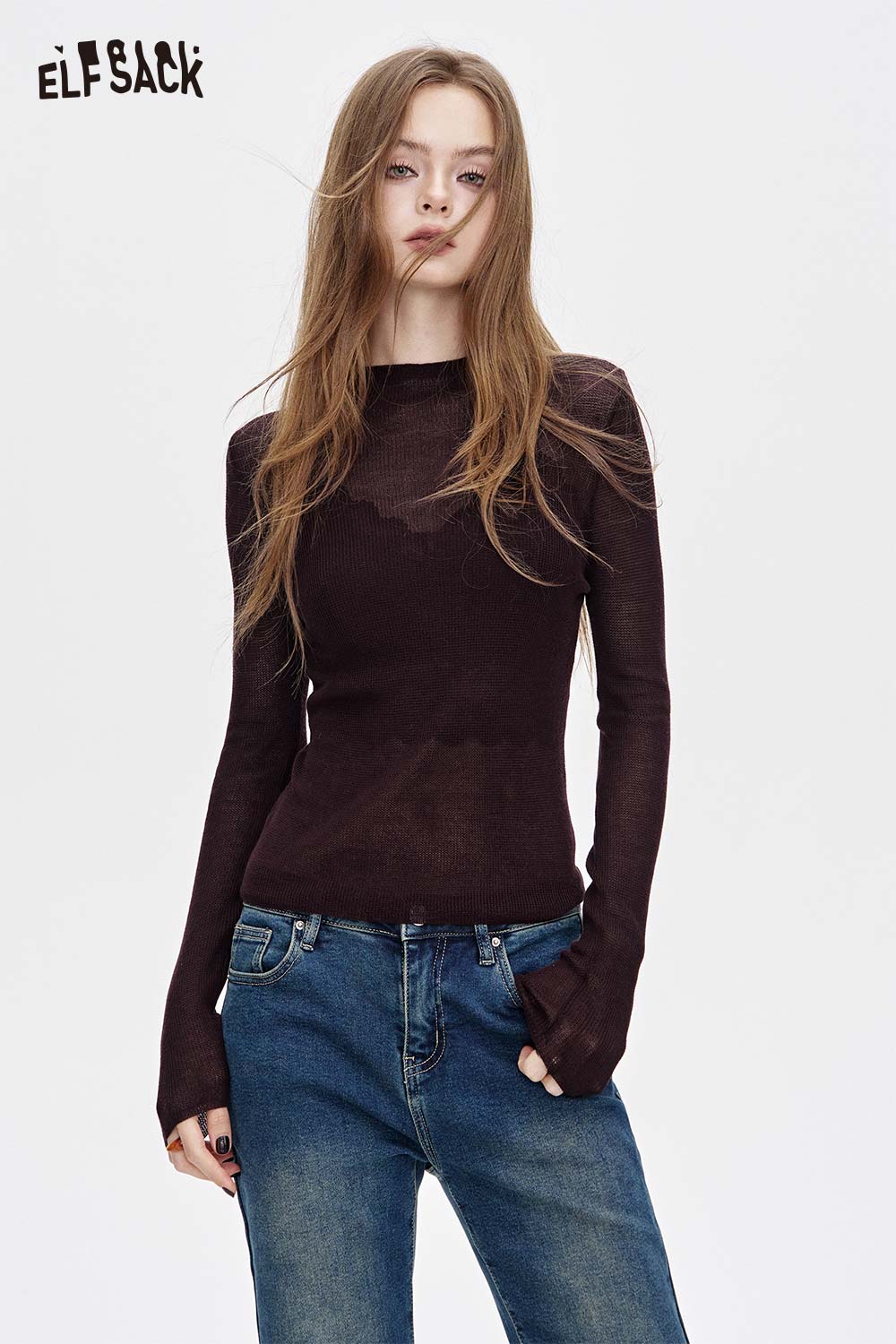 ELFSACK women's viscose blend knit top for women in dark brown with long sleeves and fitted design