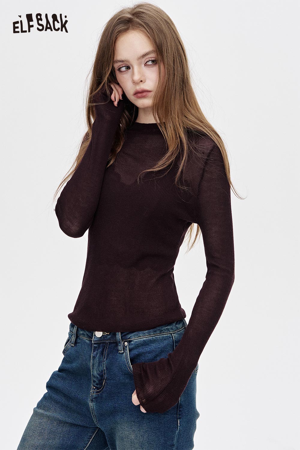 ELFSACK women wearing a brown viscose blend knit top for women with long sleeves and a fitted style