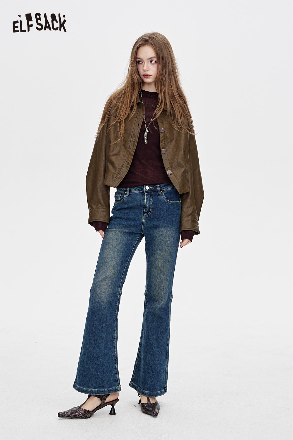 ELFSACK viscose blend knit top for women paired with a stylish jacket and flared jeans