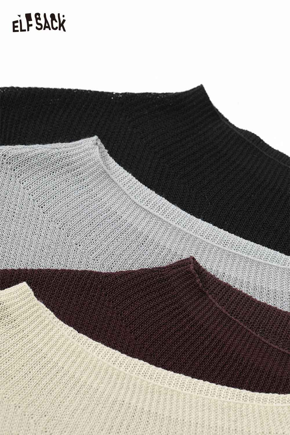 Close-up of ELFSACK viscose blend knit top for women in four color options: black, gray, burgundy, and cream