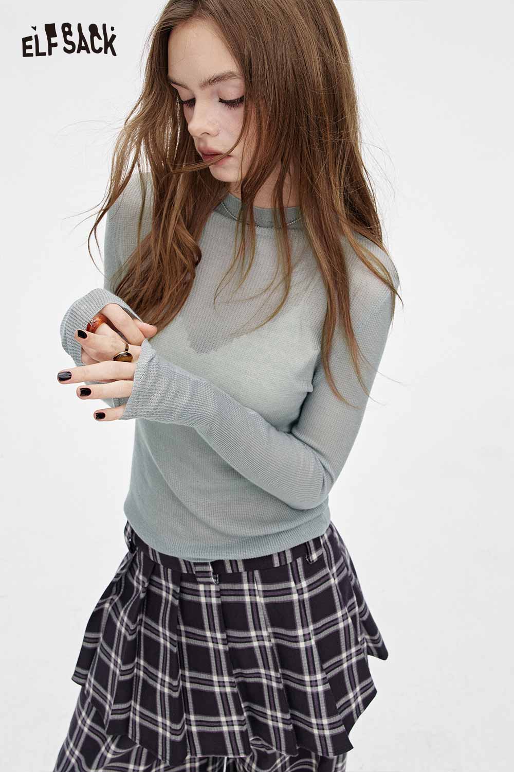 ELFSACK viscose blend knit top for women in light blue, paired with a plaid skirt, ideal for casual wear
