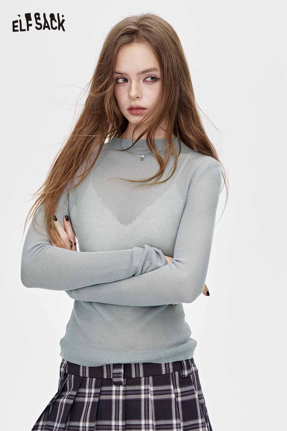 ELFSACK viscose blend knit top for women in light grey, featuring a fitted design and long sleeves.