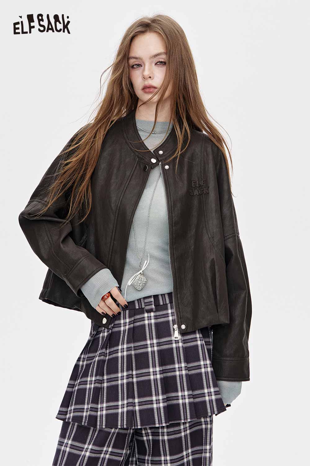 ELFSACK Viscose blend knit top for women paired with a stylish jacket and plaid skirt