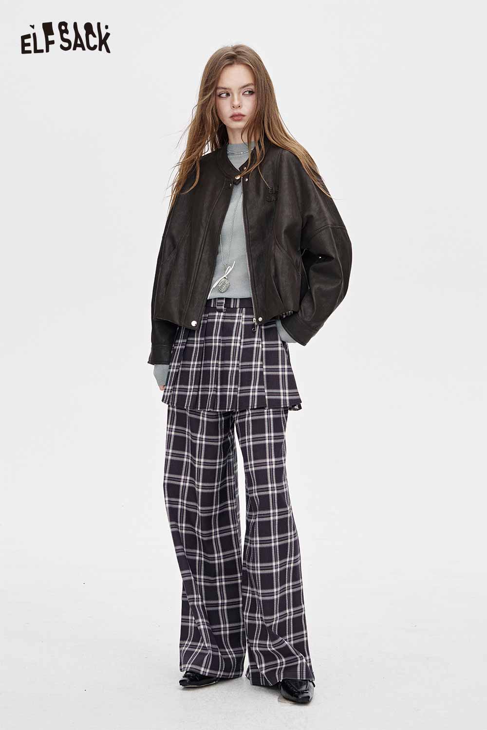 ELFSACK stylish woman wearing a viscose blend knit top for women with a fashionable bomber jacket and plaid pants