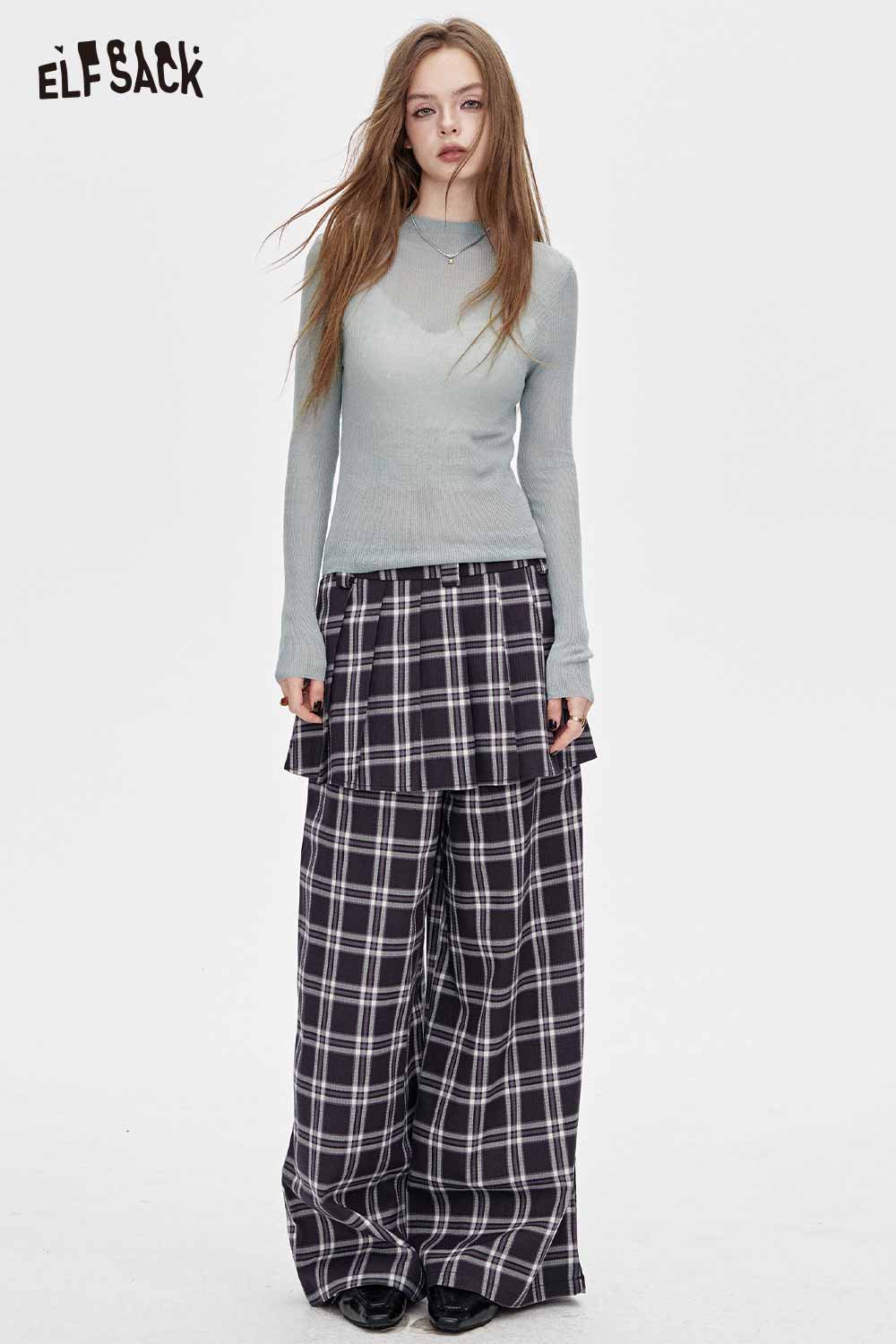 ELFSACK Viscose blend knit top for women paired with stylish plaid wide-leg pants