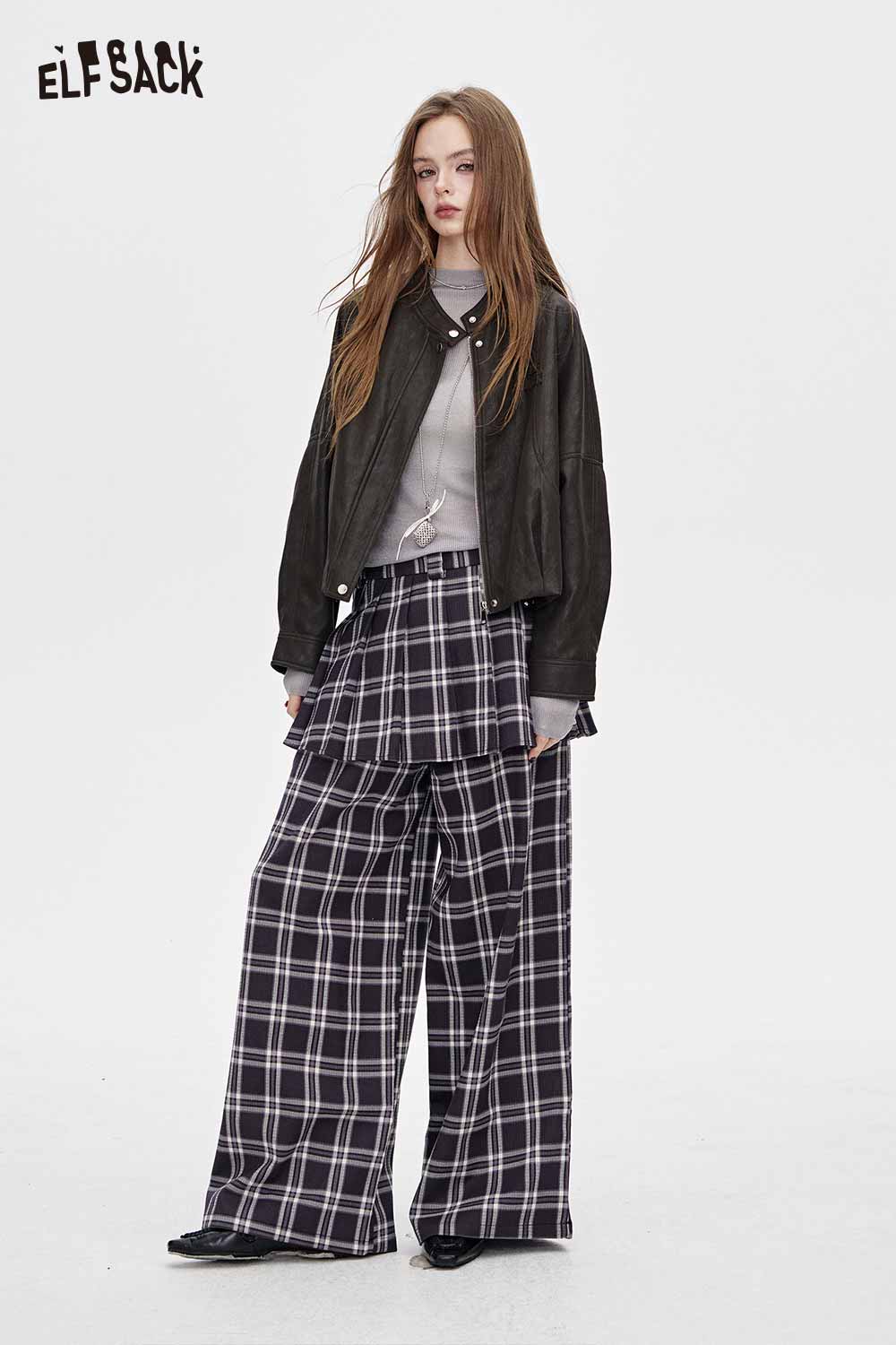 ELFSACK viscose blend knit top for women paired with wide-leg plaid trousers