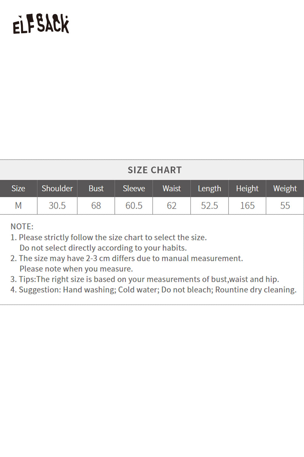 Size chart for ELFSACK viscose blend knit top for women showing measurements for size M