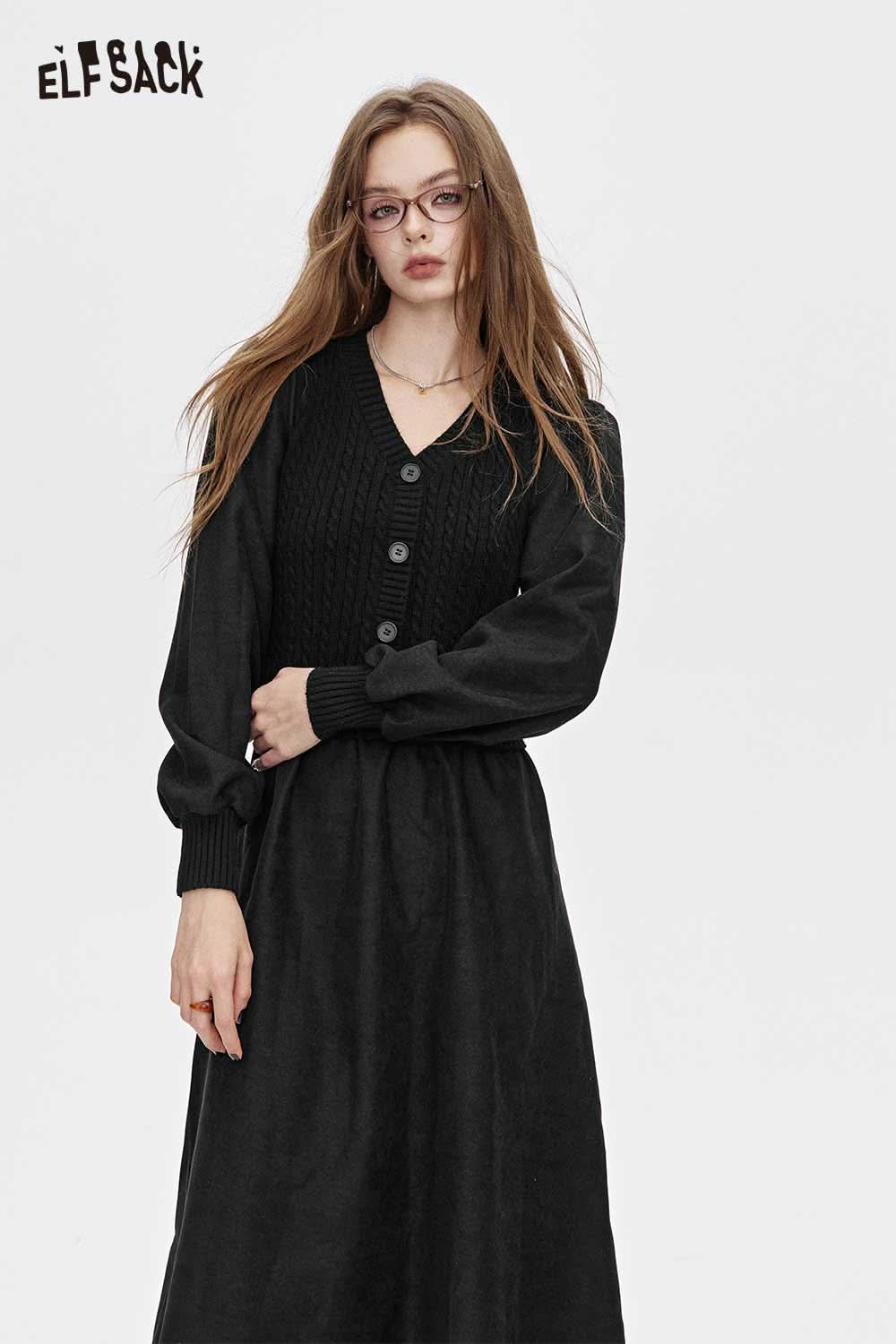 ELFSACK stylish viscose blend v-neck dress in black with long sleeves and button details