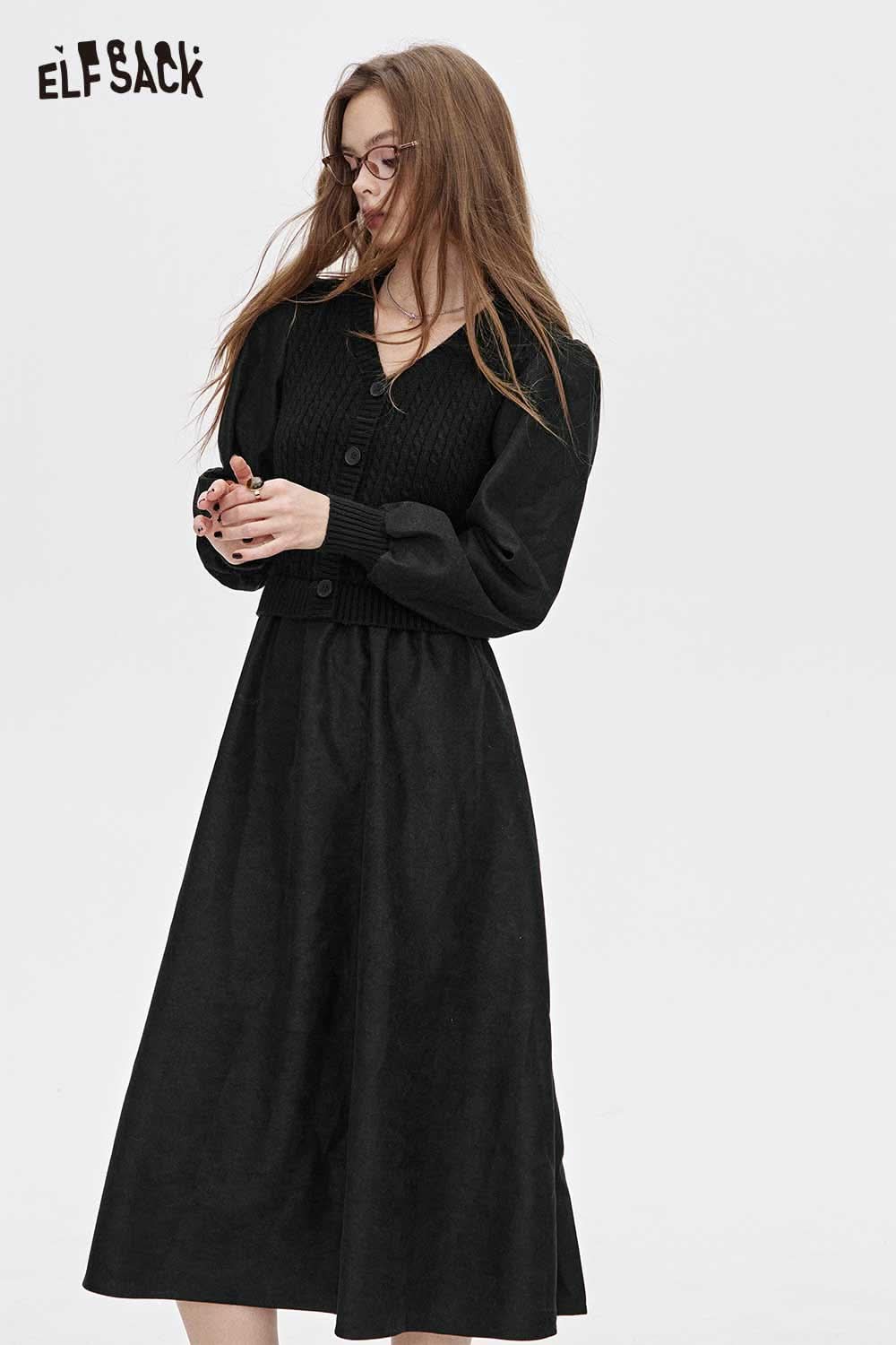 ELFSACK viscose blend v-neck dress in black with puff sleeves and a flattering silhouette