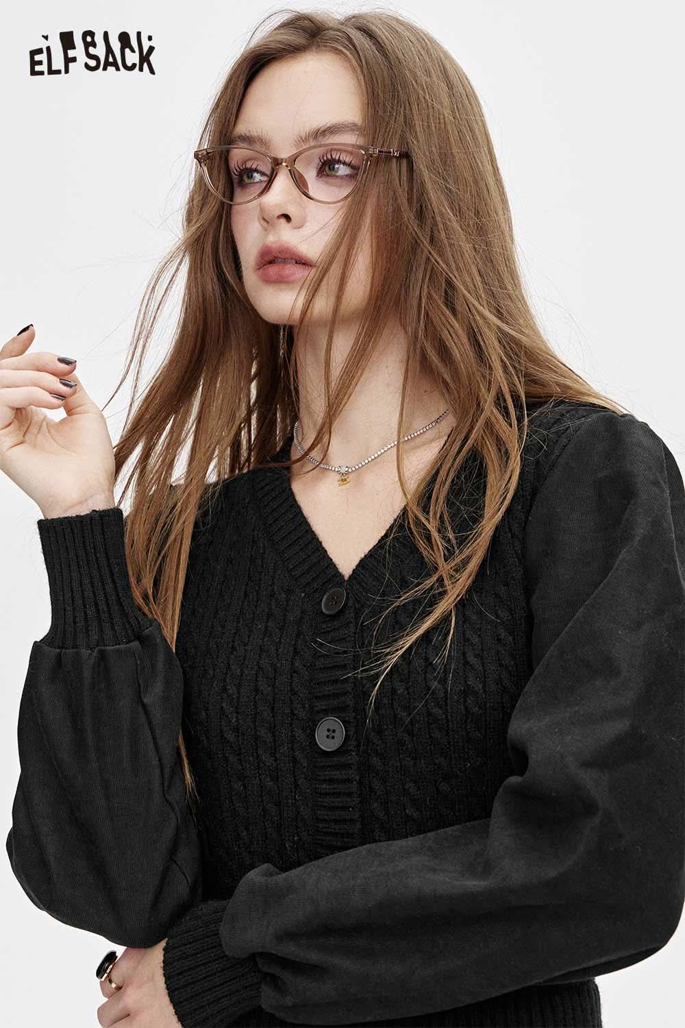 ELFSACK Black Viscose Blend V-Neck Dress with Cable Knit Design and Puff Sleeves