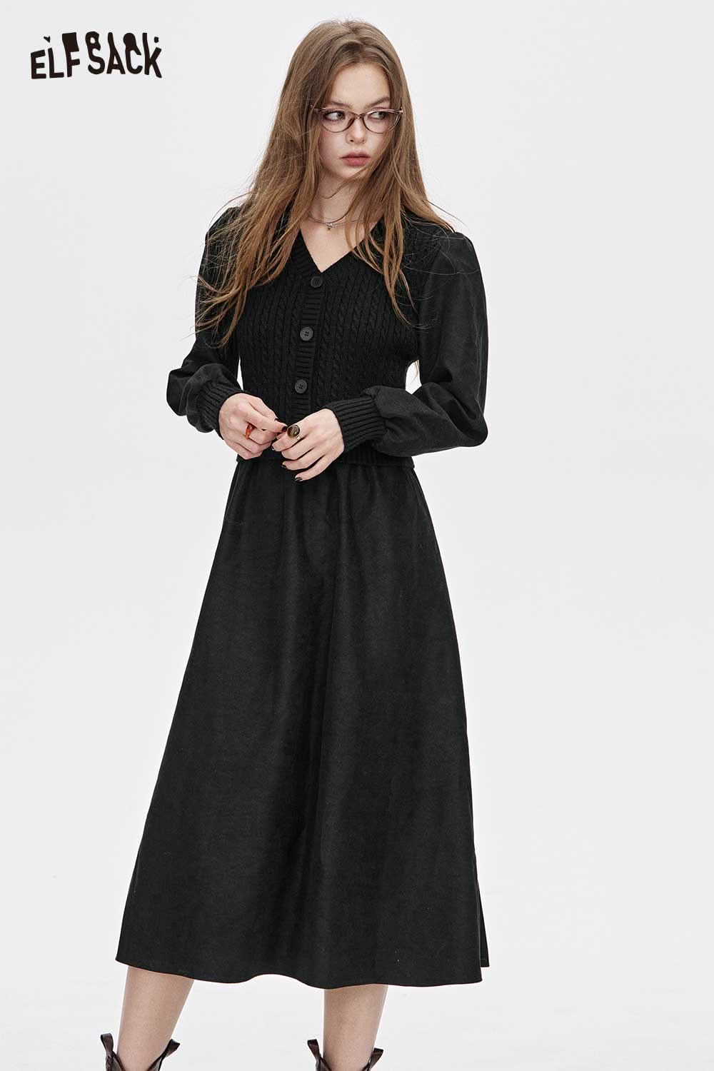 ELFSACK viscose blend v-neck dress with long sleeves and a button-down front for a stylish casual look