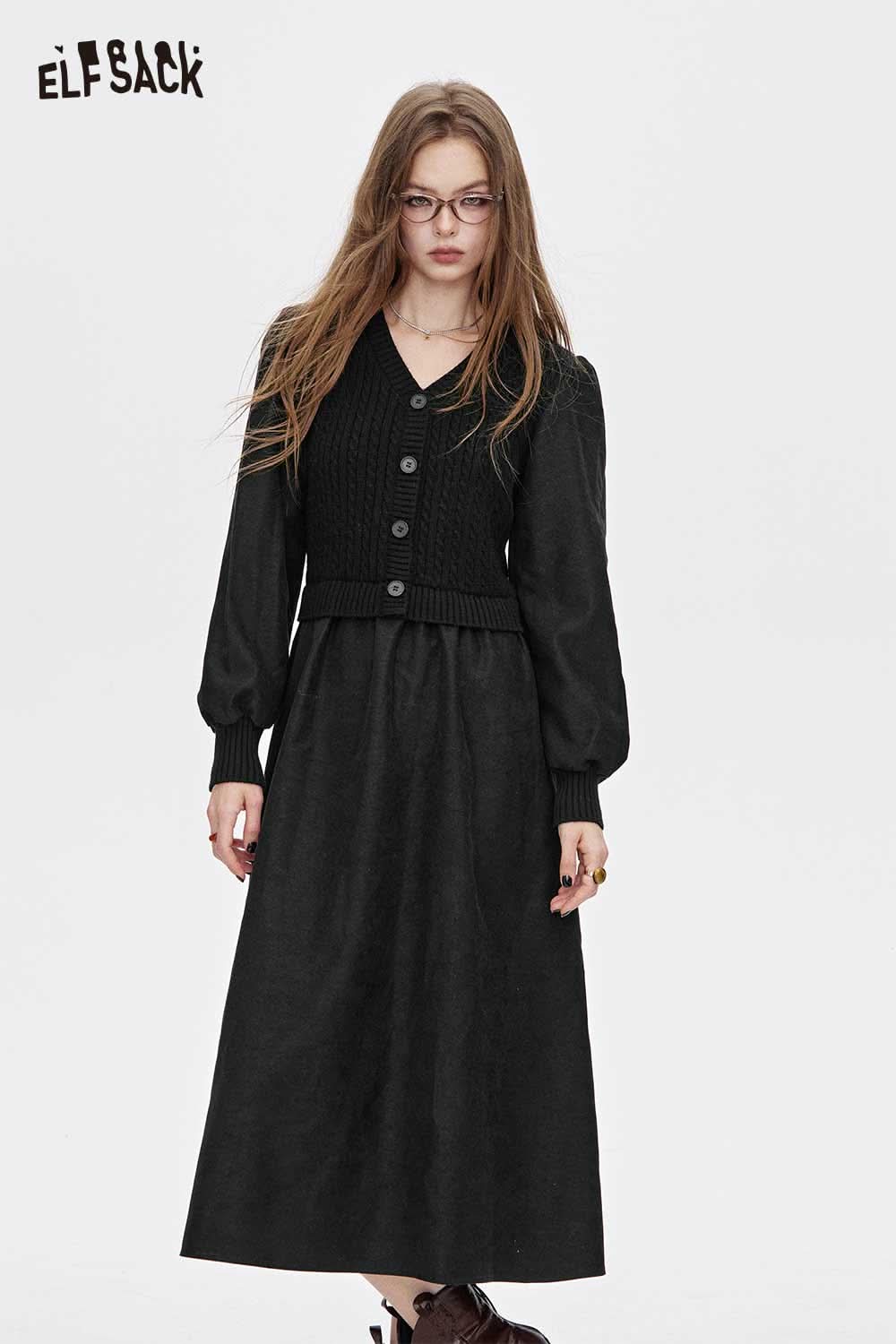 ELFSACK Viscose blend v-neck dress with long sleeves and a flowy black skirt
