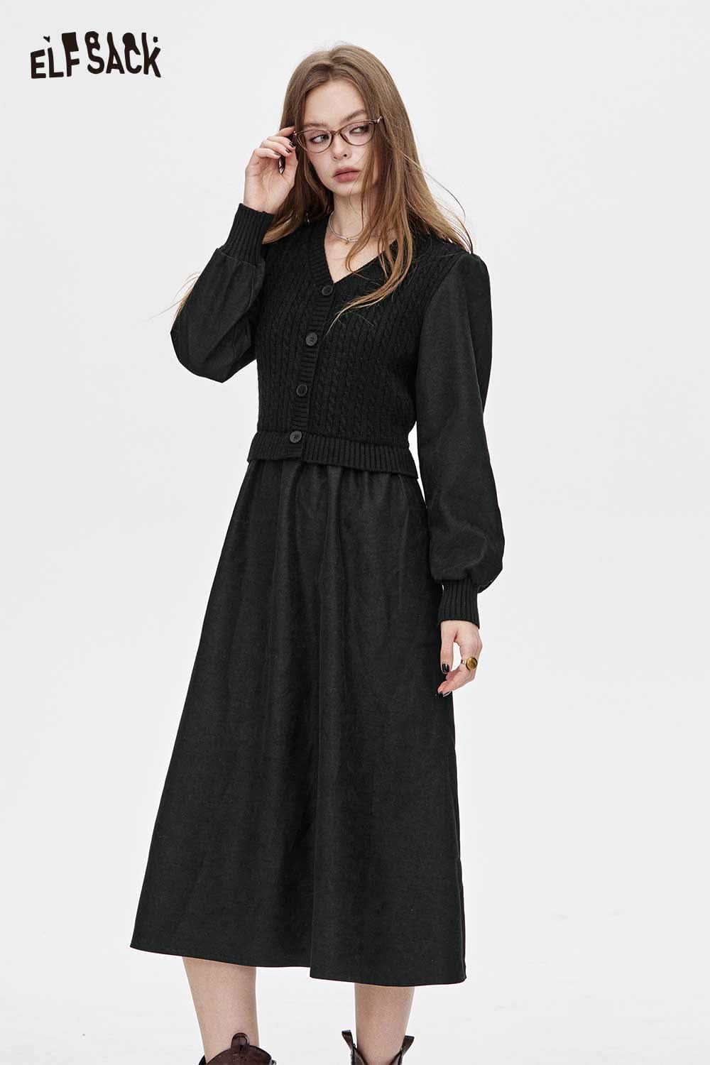 ELFSACK viscose blend v-neck dress with button details and puff sleeves in black