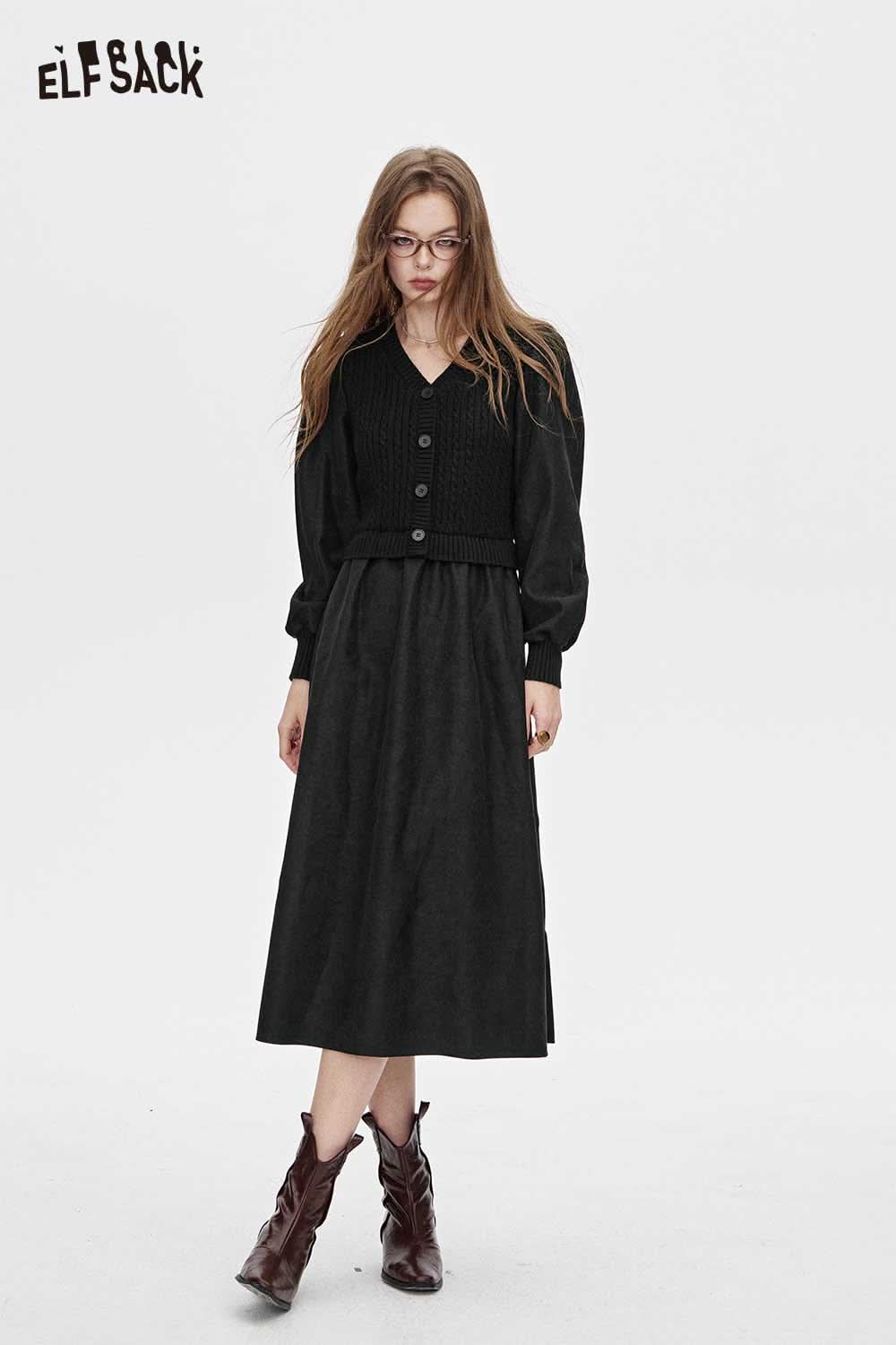 ELFSACK viscose blend v-neck dress in black with buttoned bodice and long sleeves