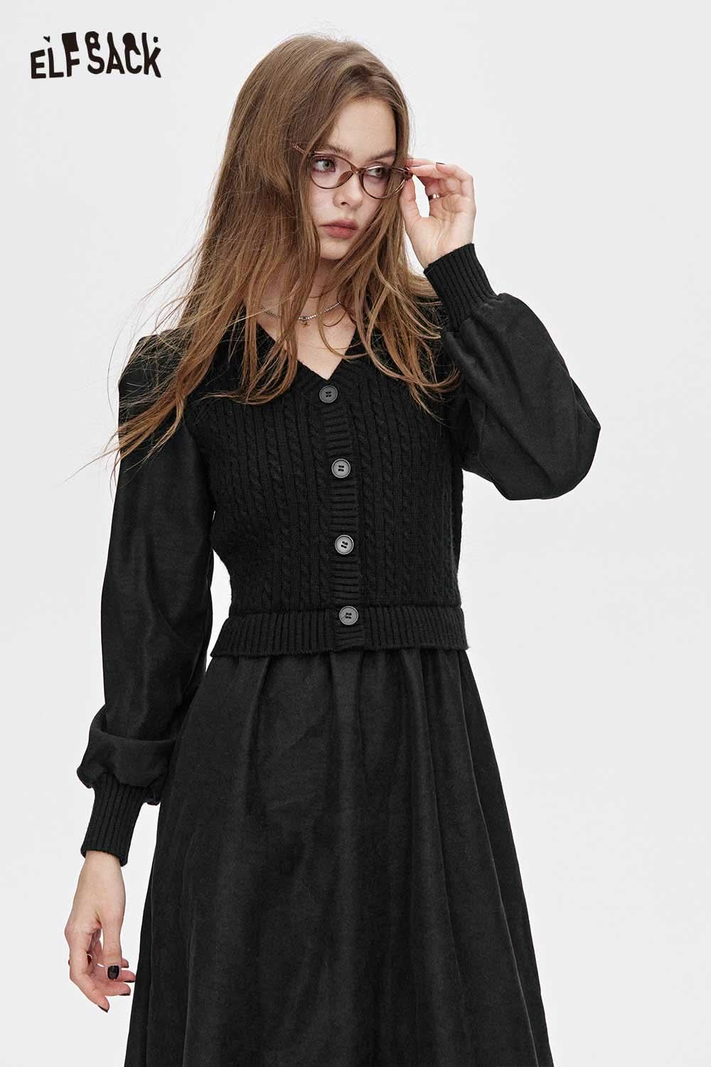 ELFSACK viscose blend v-neck dress with a stylish knitted cardigan and puff sleeves