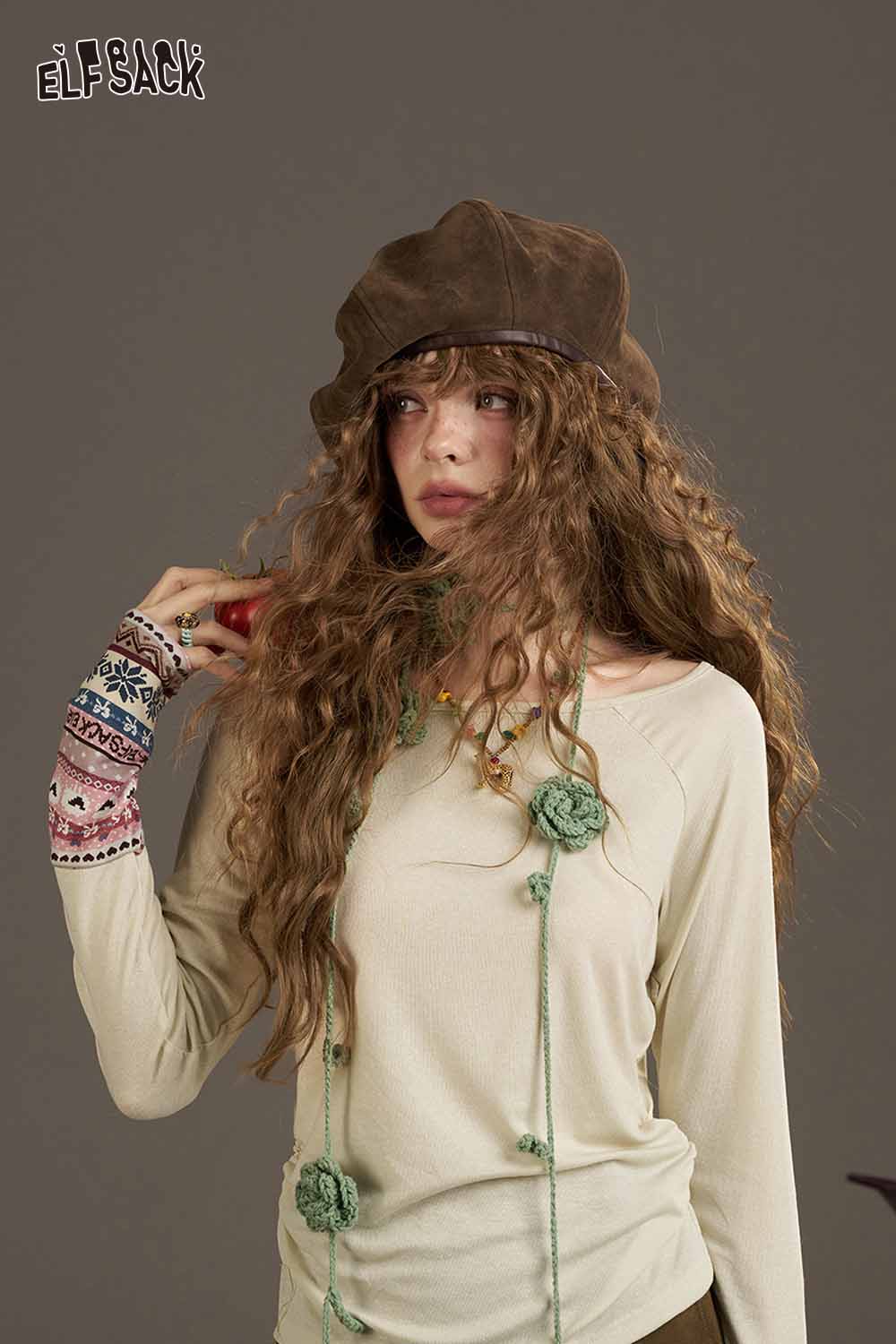 ELFSACK waist cinching long sleeve shirt in cream with stylish floral details and relaxed fit