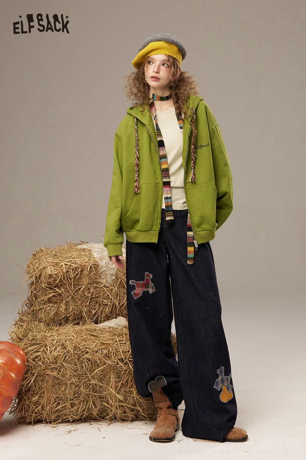 ELFSACK waist cinching long sleeve shirt styled with casual oversized hoodie and relaxed denim pants