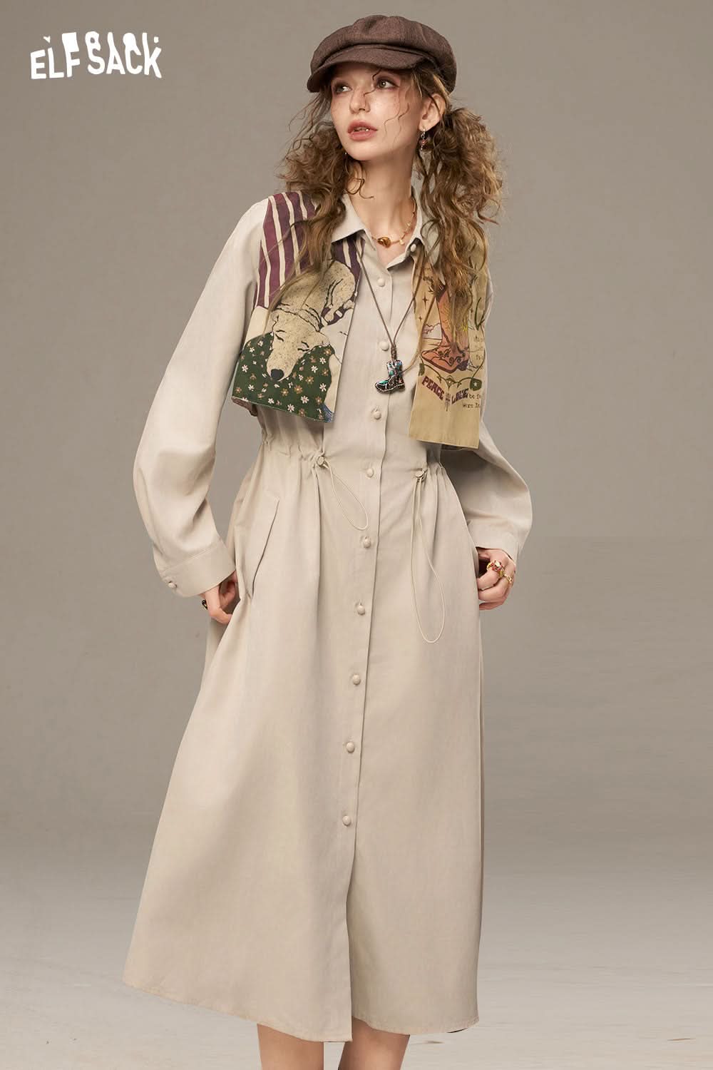ELFSACK waist drawstring long dress in light beige with button-up front and pockets