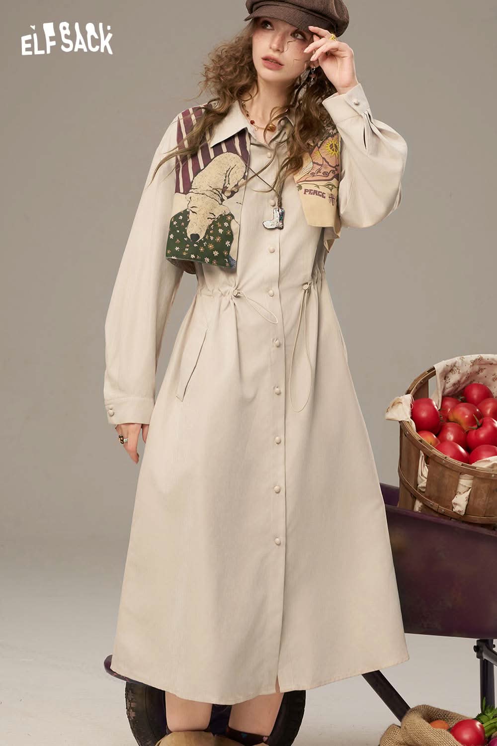 ELFSACK waist drawstring long dress in beige with a stylish collar and playful patch details