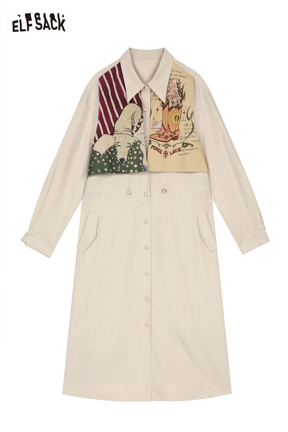 ELFSACK waist drawstring long dress with unique graphic print and button closure, perfect for casual outings