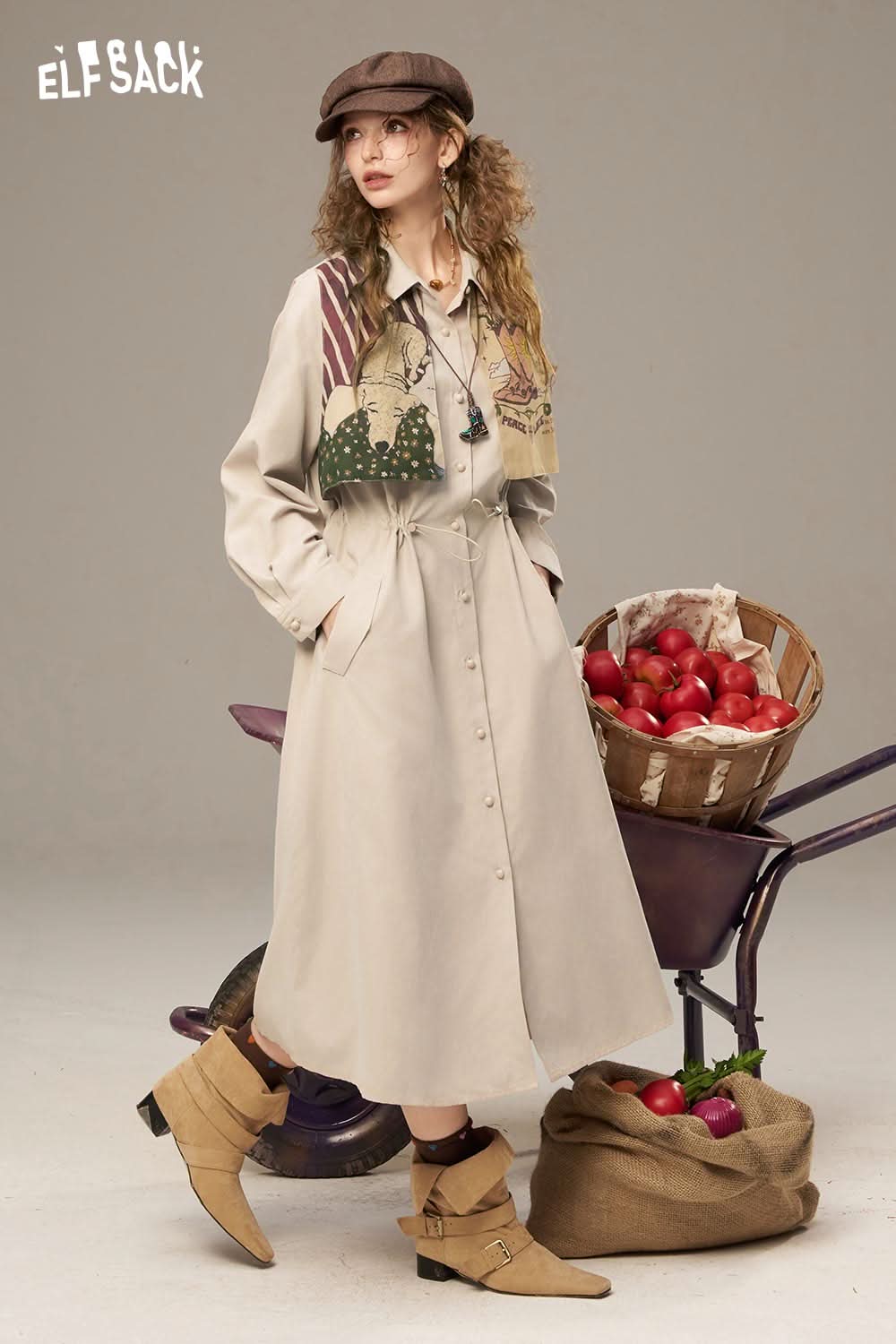 ELFSACK waist drawstring long dress in beige with buttons and pockets for a chic casual look