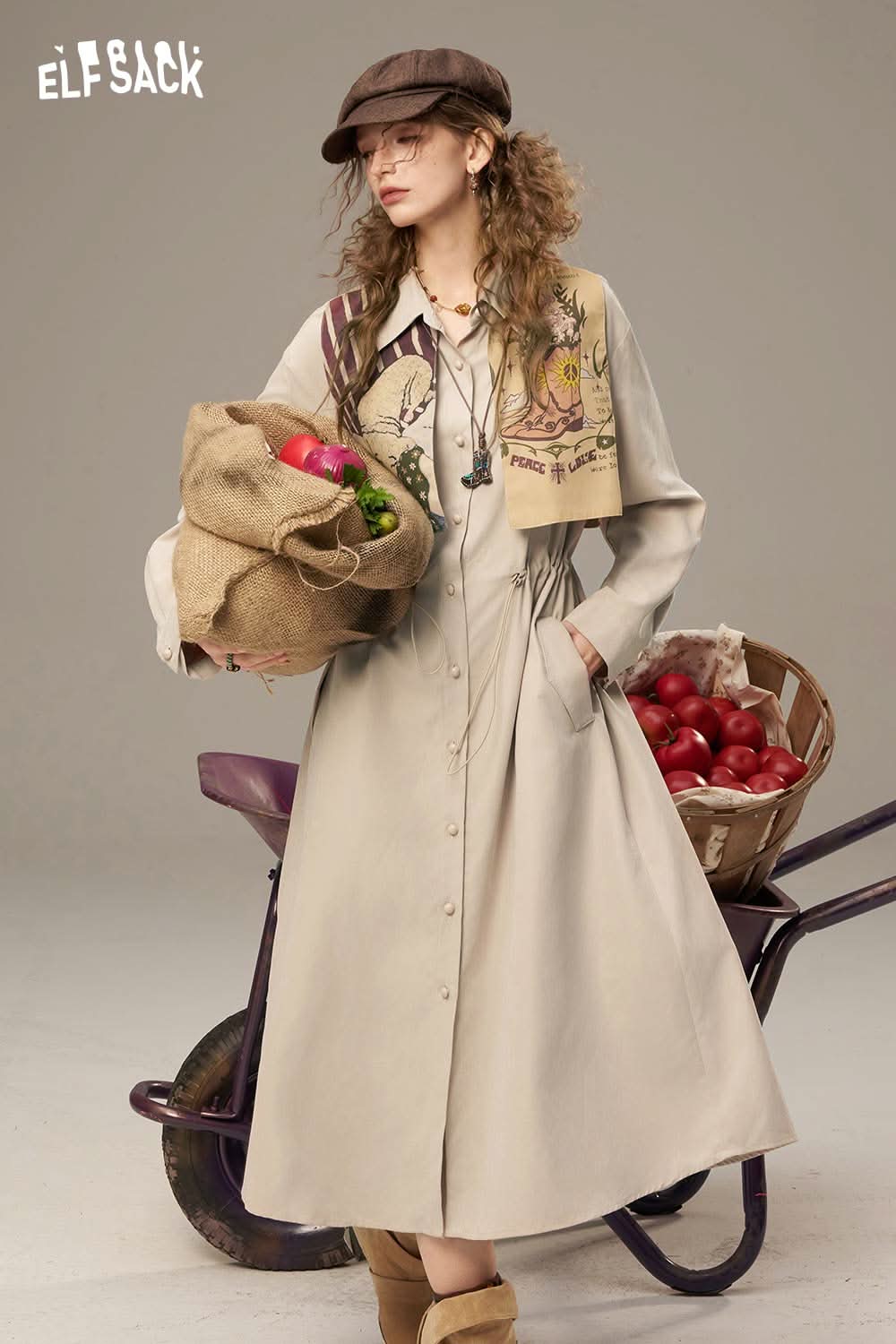 ELFSACK waist drawstring long dress in beige with button details and a stylish collar look