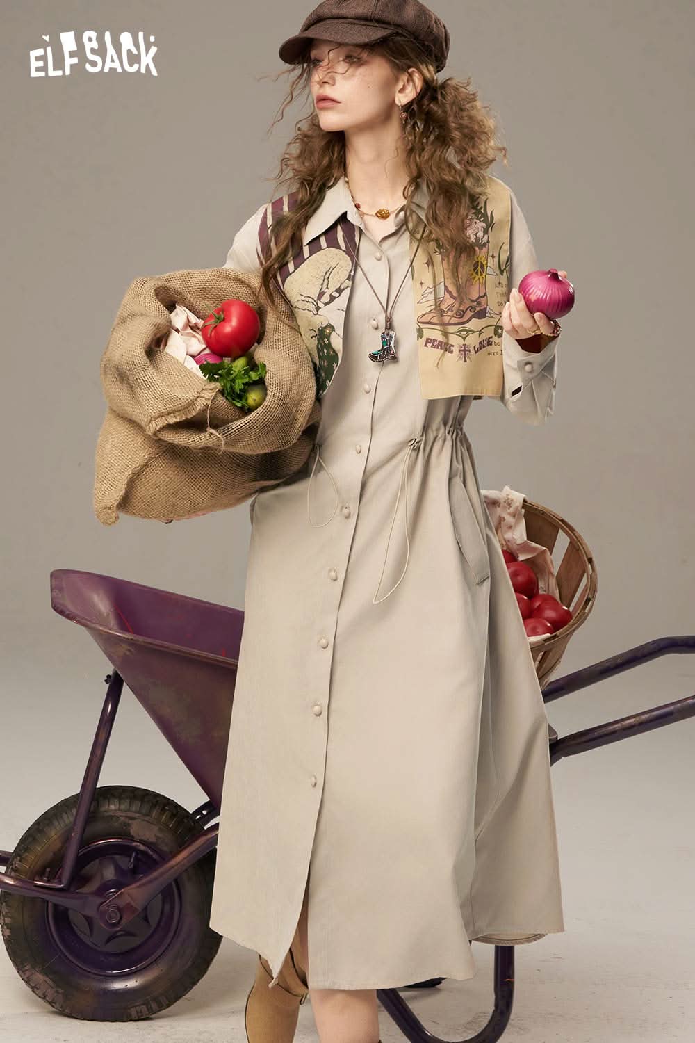 ELFSACK waist drawstring long dress in beige, featuring a button-down front and unique embroidered details