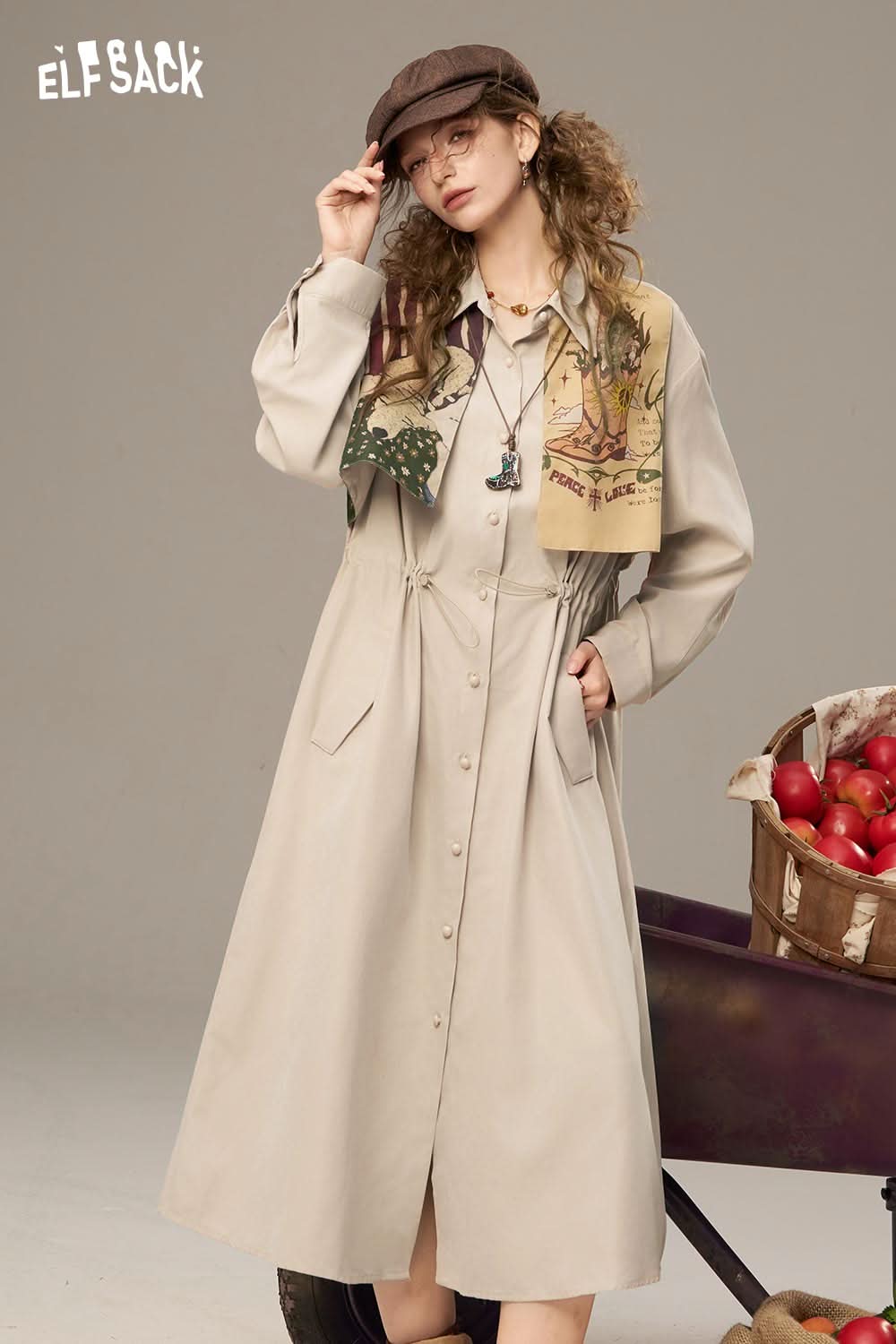 ELFSACK waist drawstring long dress in beige with a button-up design and stylish pockets