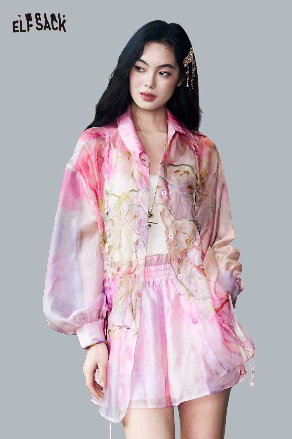 ELFSACK Watercolor Print Sheer Ruched Blouse