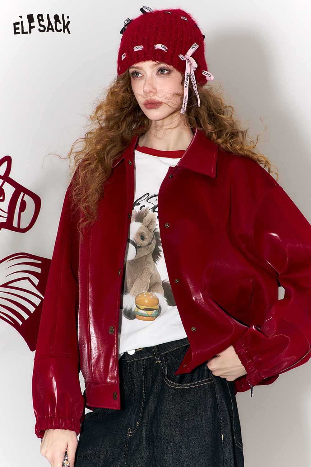 ELFSACK whimsical doll pony print t-shirt styled under a red jacket for a trendy look