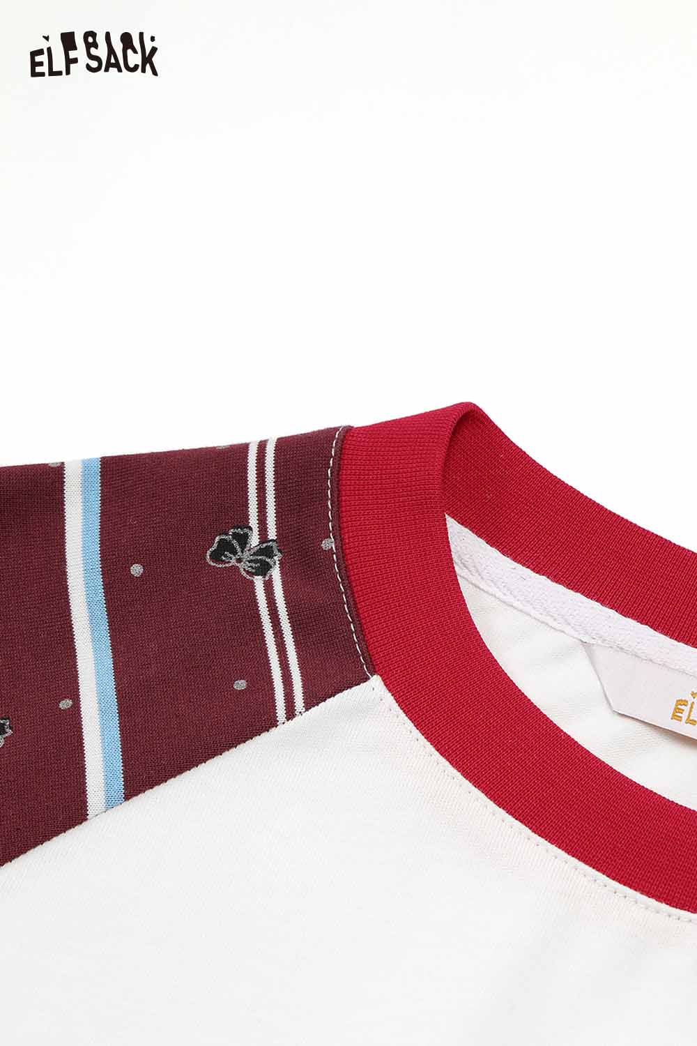 ELFSACK whimsical doll pony print t-shirt with colorful striped sleeves and a stylish neckline