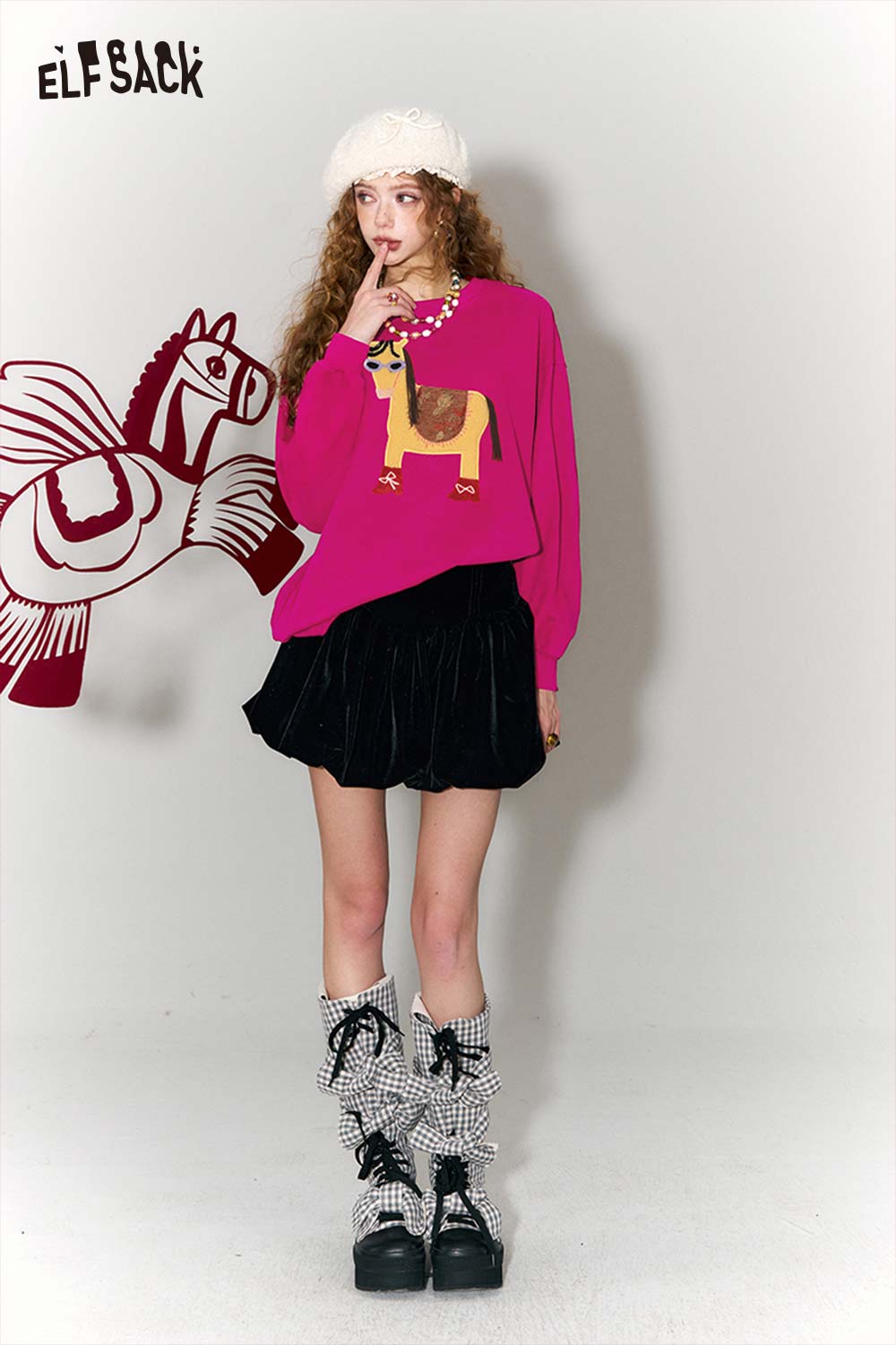 ELFSACK whimsical pony sweatshirt in pink featuring a playful pony design, perfect for trendy casual outfits