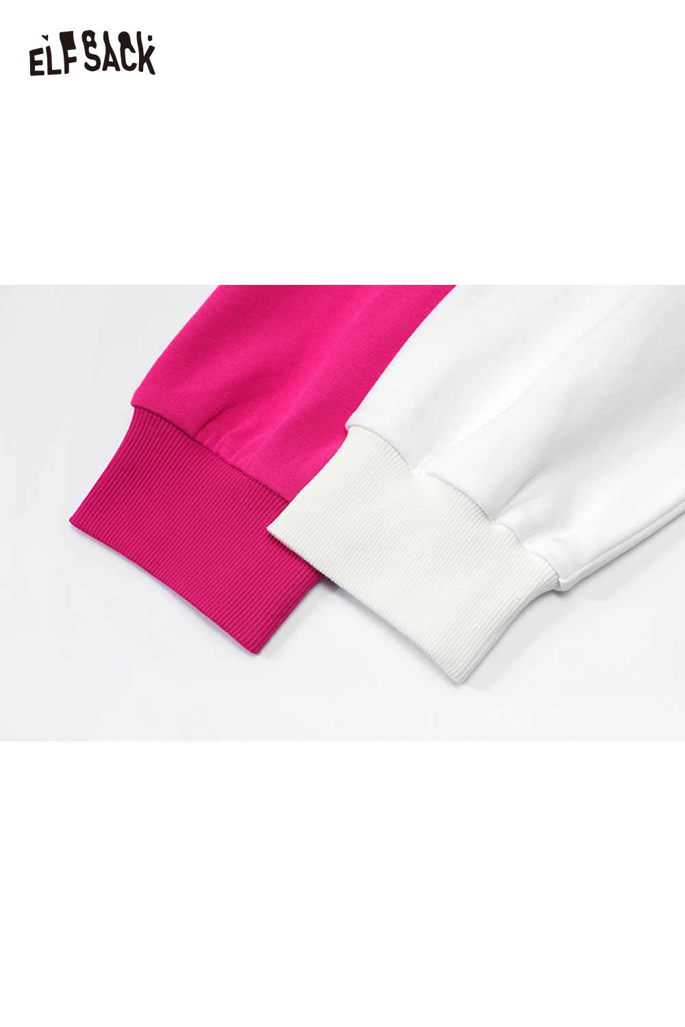 ELFSACK whimsical pony sweatshirt featuring vibrant pink and white color blocking with ribbed cuffs