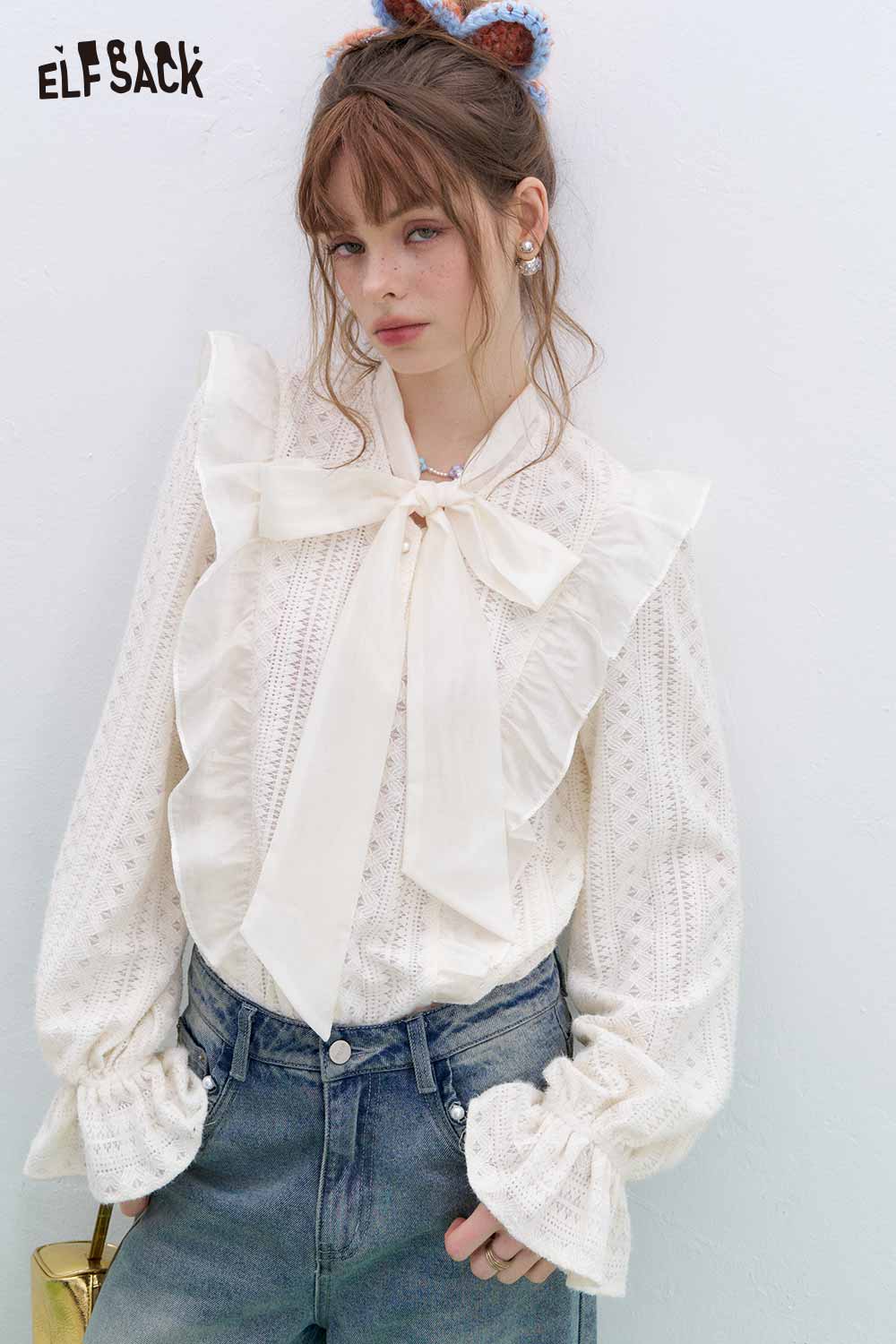 White Bow Ruffle Lace Blouse – ELFSACK