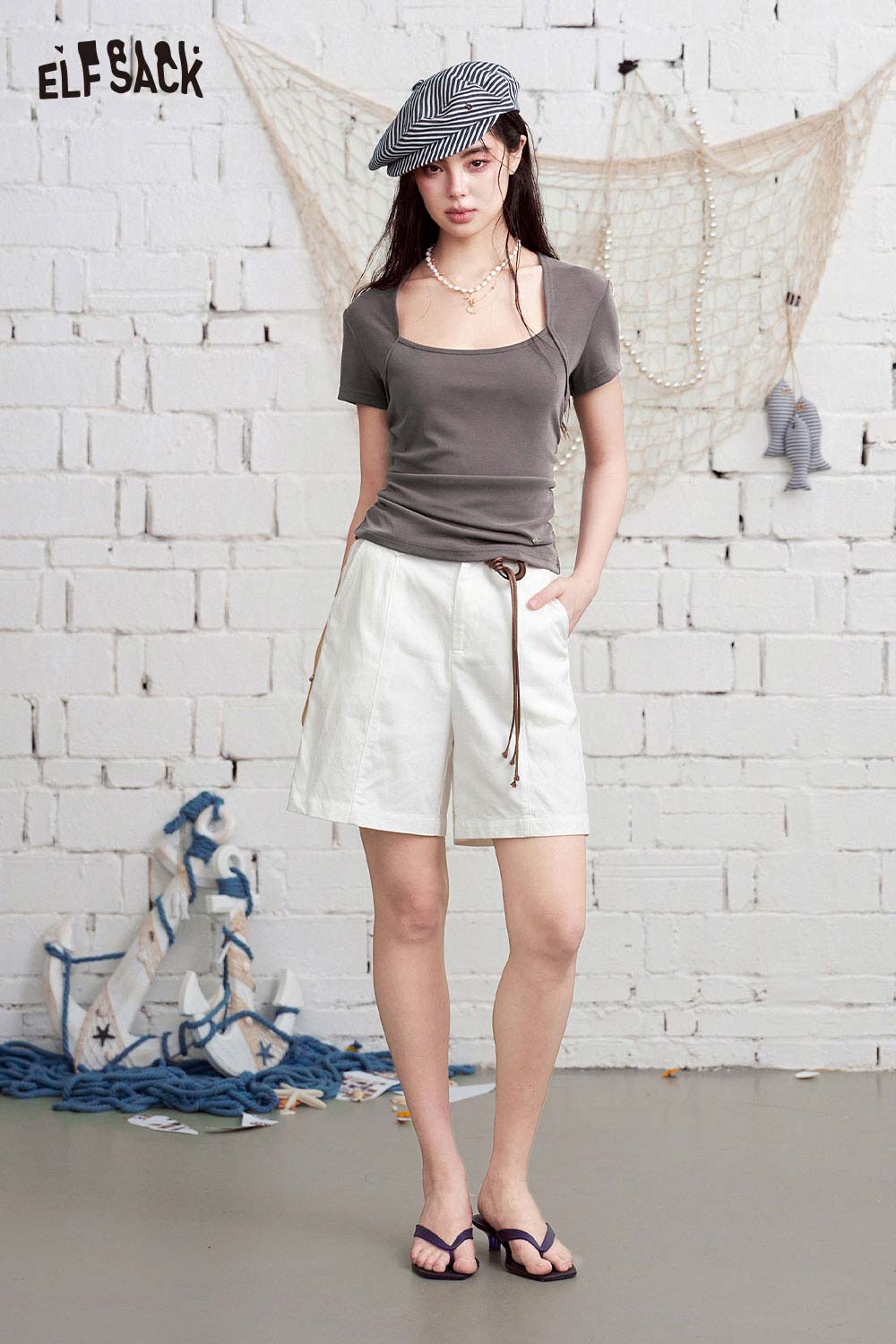ELFSACK White High Waist Shorts with Braided Belt