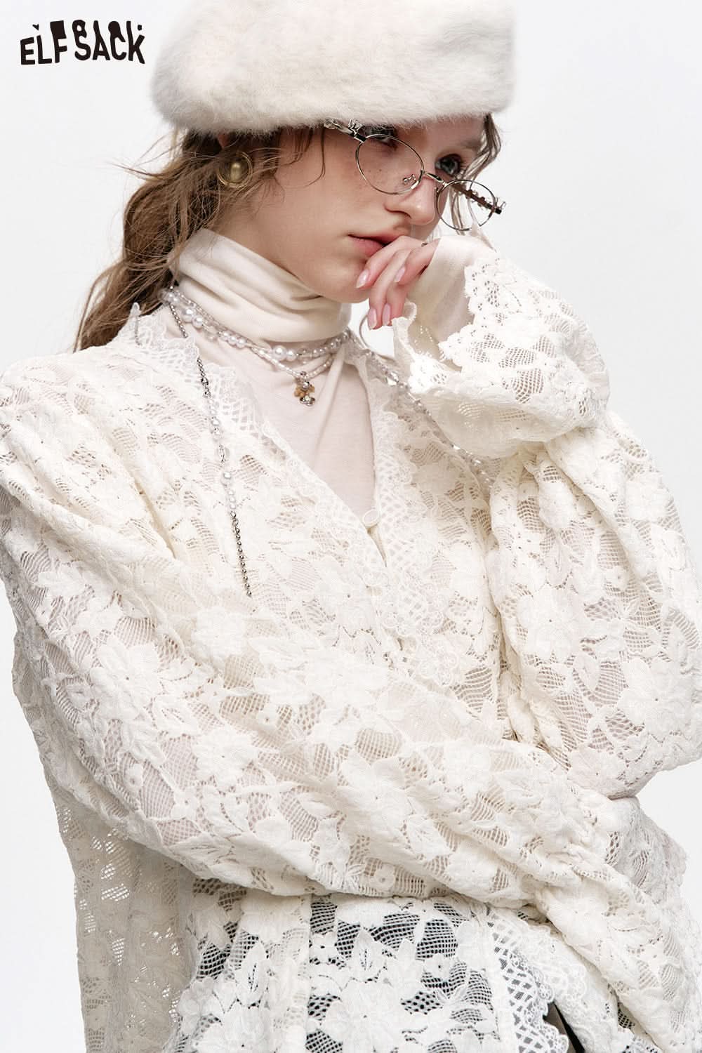 ELFSACK white lace chiffon shirt plus size with elegant design and flowy sleeves