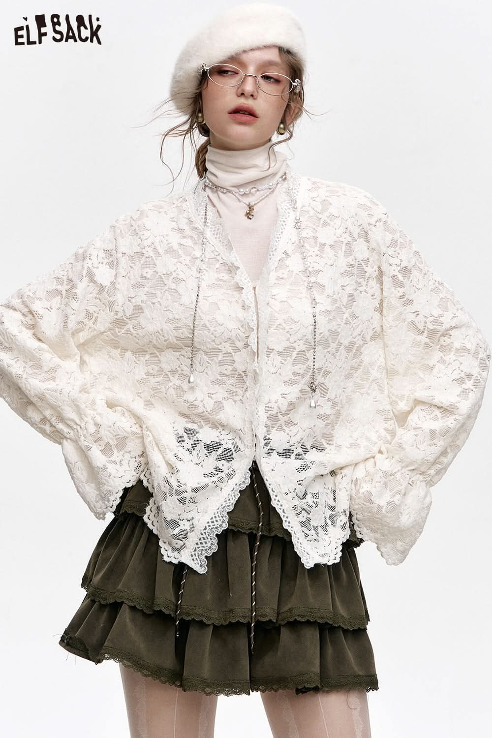 ELFSACK white lace chiffon shirt plus size with oversized silhouette for a stylish layered look
