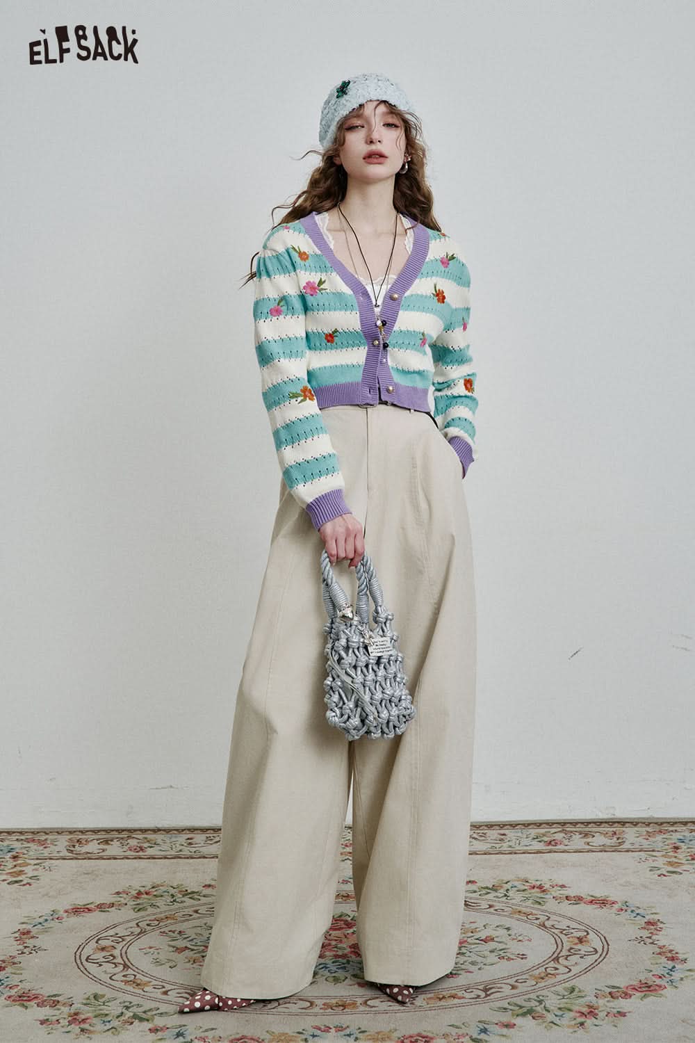 ELFSACK white lace square neck camisole styled with a colorful cardigan and wide-leg trousers