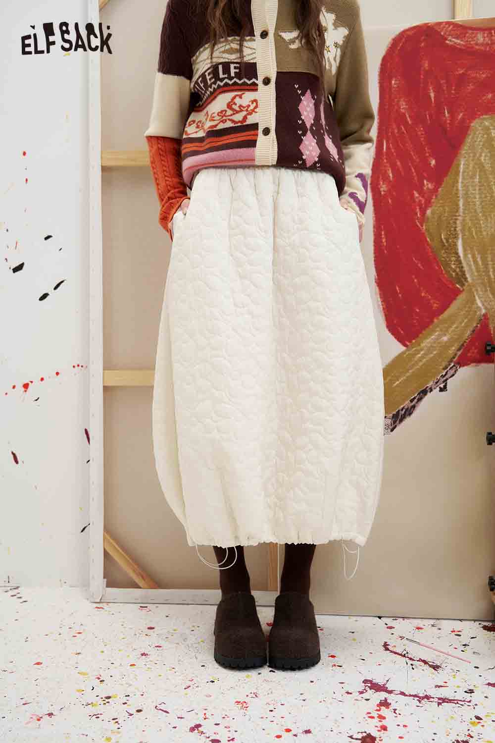 White Quilted Midi Skirt with Pockets