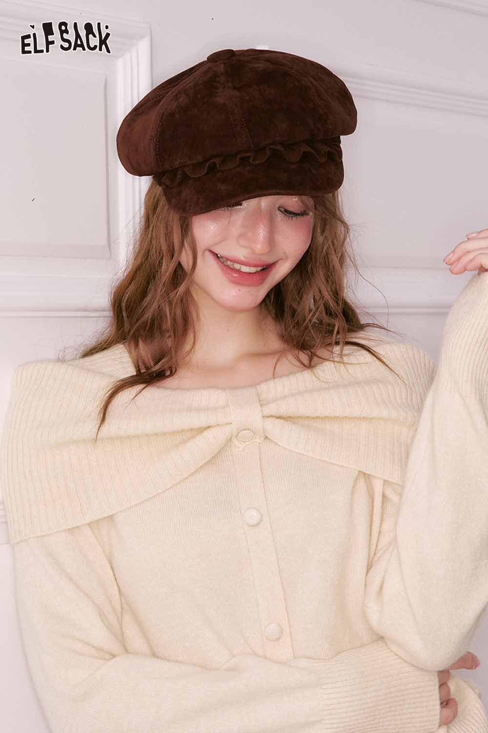 ELFSACK cream bow collar sweater for women with oversized design and button front details