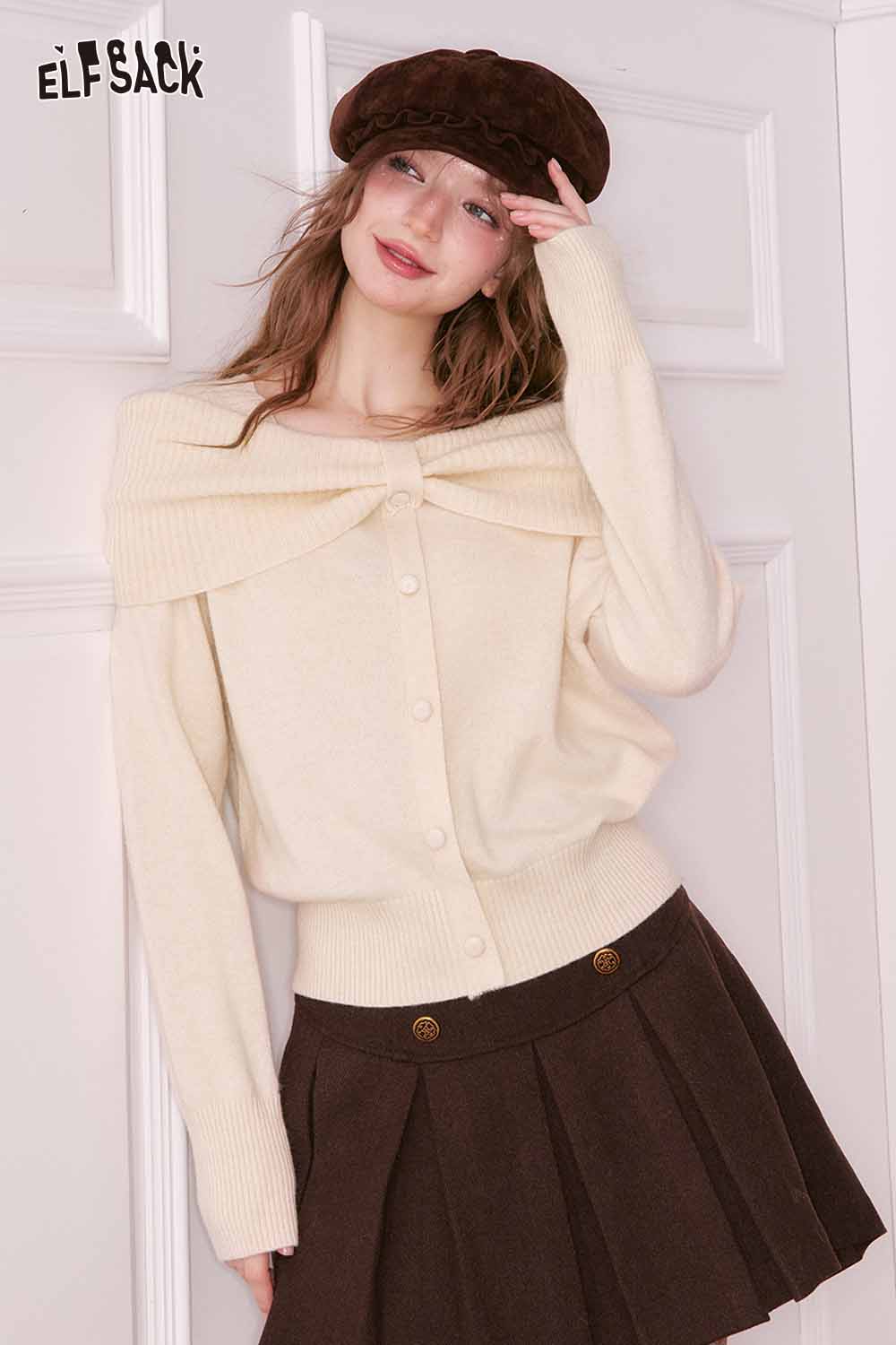 ELFSACK bow collar sweater for women in cream color with button closure and stylish off-shoulder design