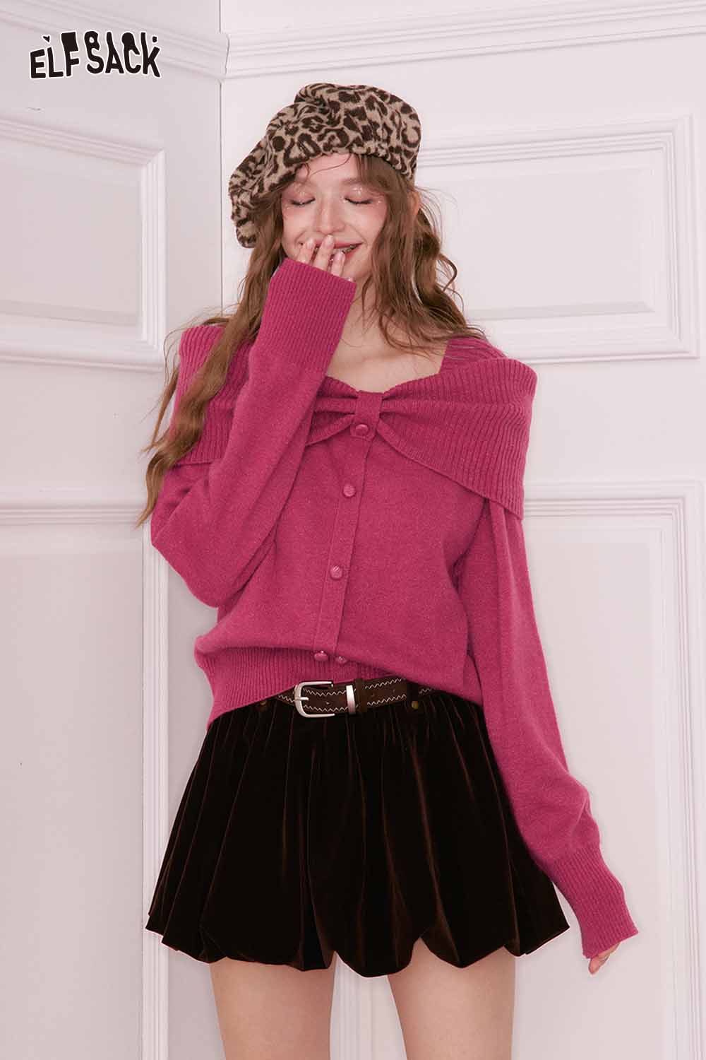 ELFSACK bow collar sweater for women in pink, featuring a stylish design and button closure