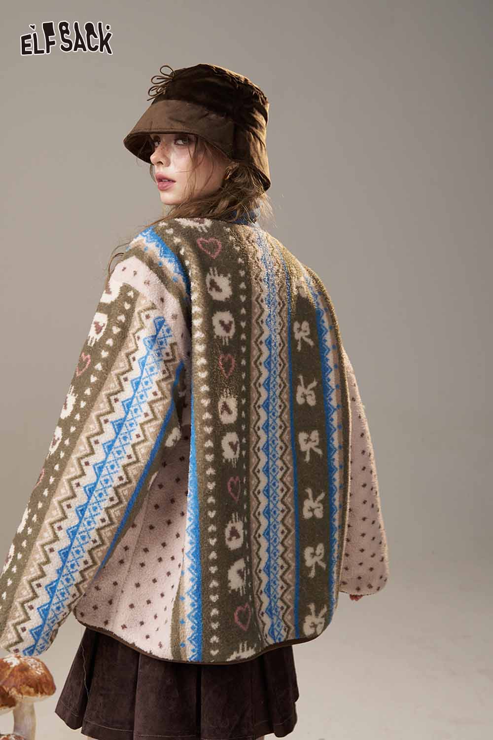 ELFSACK cartoon print short jacket for women featuring colorful patterns and cozy design