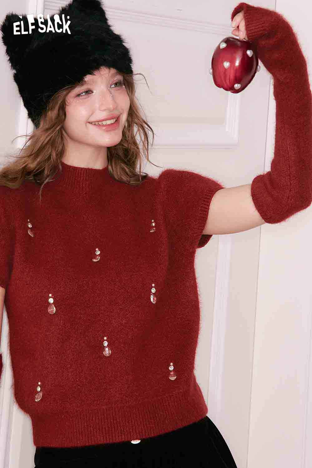 ELFSACK Christmas rhinestone sweater for women in red with embellishments and short sleeves