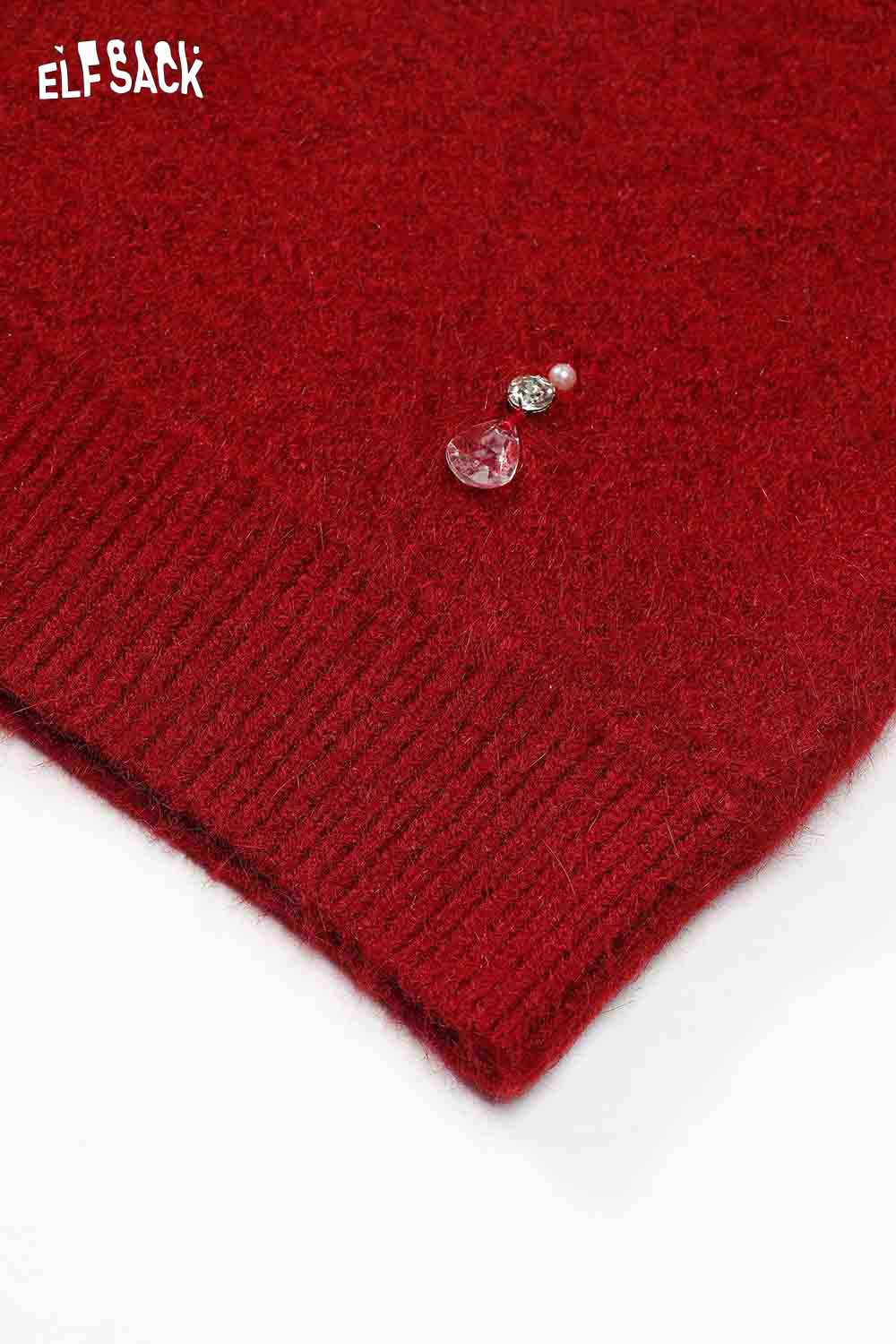 Close-up of ELFSACK Christmas rhinestone sweater for women in red with decorative rhinestone embellishments